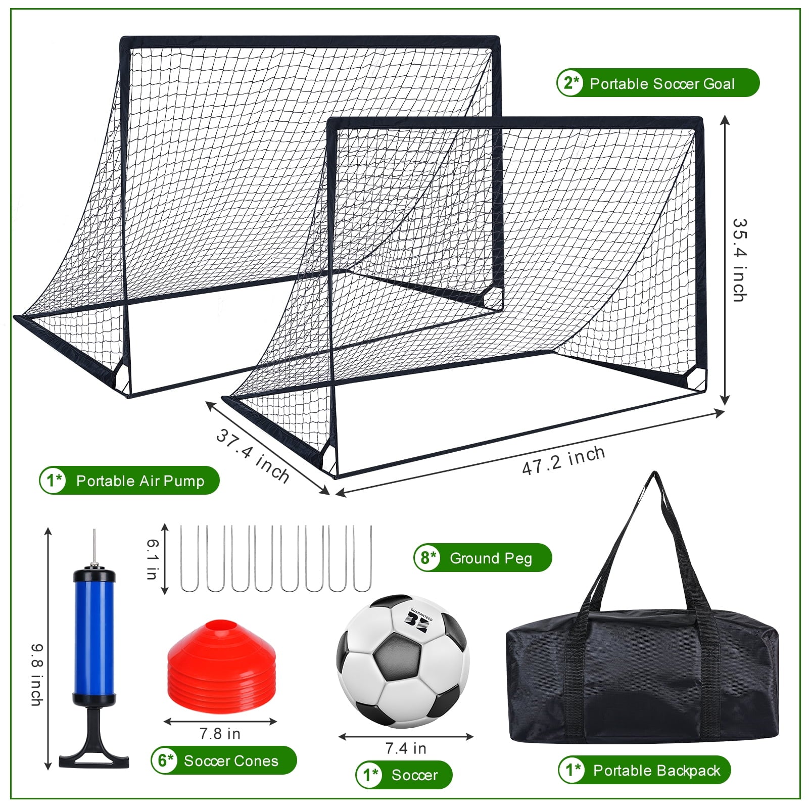 Set of 2 Portable Soccer Goals for Kids & Youth